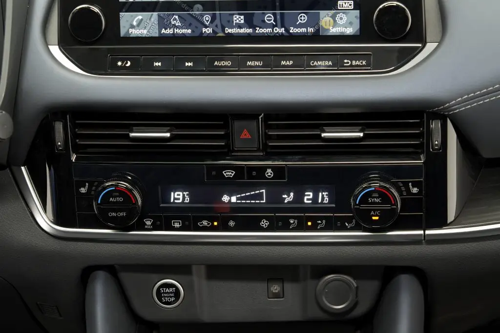 Fahrzeugkonsole mit Lüftungsschlitzen und Bedienelementen der Klimaanlage.