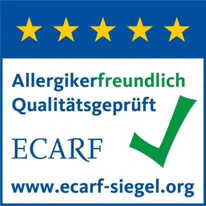 ECARF-Siegel mit Text „Allergikerfreundlich – Qualitätssiegel der Europäischen Stiftung für Allergieforschung“.