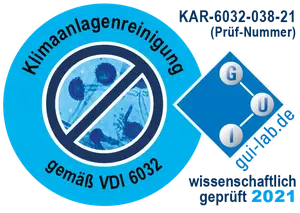 Siegel mit der Aufschrift „VDI geprüft – Innenraumhygiene im Kfz“.