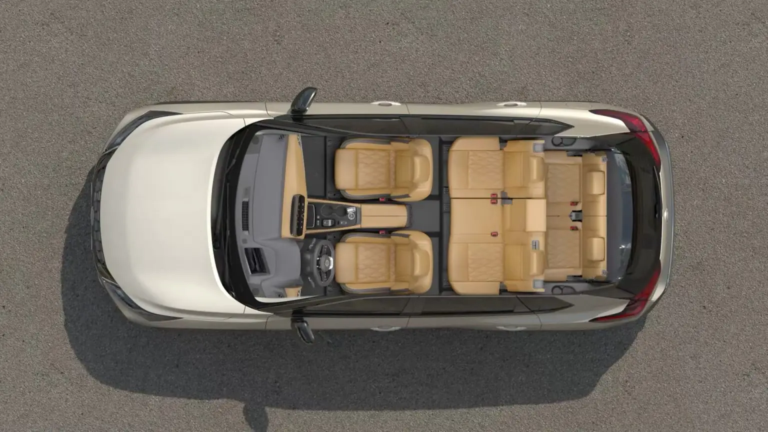 Draufsicht auf einen Nissan X-Trail mit sieben beigen Ledersitzen.