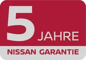 Logo: 5 Jahre Nissan Garantie in Weiß und Rot.