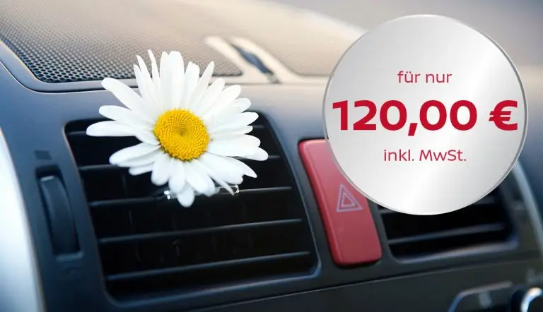 Armaturenbrett eines Autos mit einer stilisierten Blume vor einem Lüftungsschlitz.