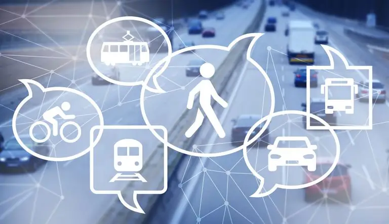 Verschiedene Mobilitäts-Icons auf einer stilisierten Straße.